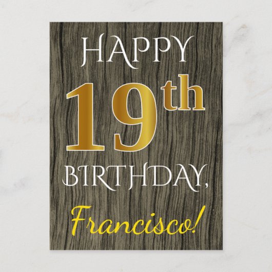 Faux Wood, Faux Gold 19th Birthday + Eigen naam Briefkaart (Voorkant)