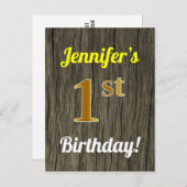 Faux Wood, Faux Gold 1st Birthday & Custom Name Briefkaart (Voorkant / Achterkant)