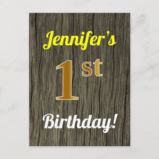 Faux Wood, Faux Gold 1st Birthday & Custom Name Briefkaart (Voorkant)