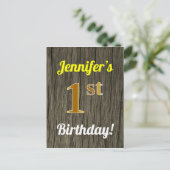 Faux Wood, Faux Gold 1st Birthday & Custom Name Briefkaart (Staand voorkant)