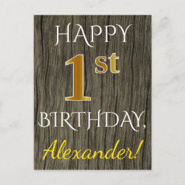 Faux Wood, Faux Gold 1st Birthday + Eigen naam Briefkaart