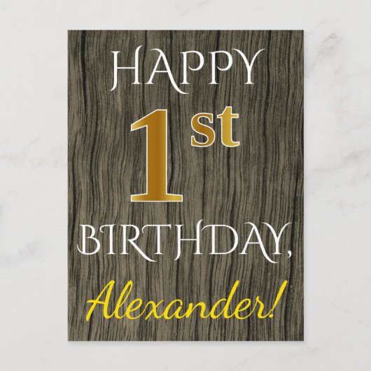 Faux Wood, Faux Gold 1st Birthday + Eigen naam Briefkaart (Voorkant)
