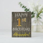 Faux Wood, Faux Gold 1st Birthday + Eigen naam Briefkaart (Staand voorkant)