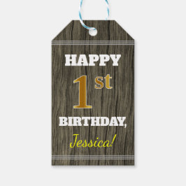 Faux Wood, Faux Gold 1st Birthday + Eigen naam Cadeaulabel