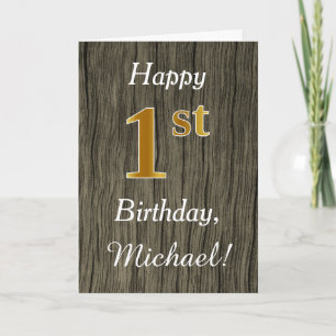Faux Wood, Faux Gold 1st Birthday + Eigen naam Kaart
