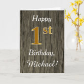 Faux Wood, Faux Gold 1st Birthday + Eigen naam Kaart (Gele Bloem)