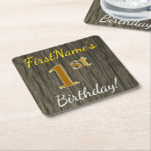 Faux Wood, Faux Gold 1st Birthday + Eigen naam Kartonnen Onderzetters (Schuin)