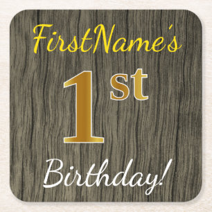 Faux Wood, Faux Gold 1st Birthday + Eigen naam Kartonnen Onderzetters