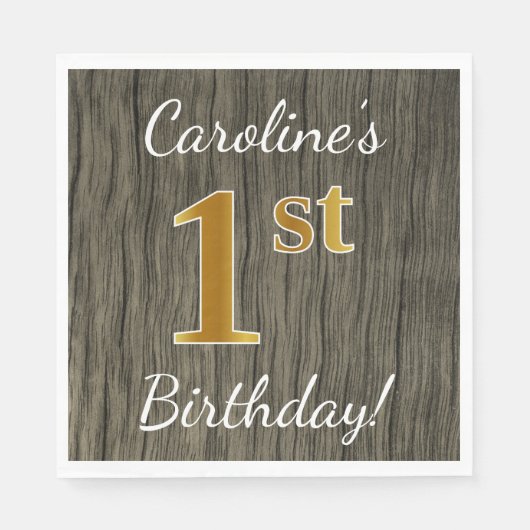 Faux Wood, Faux Gold 1st Birthday + Eigen naam Servet (Voorkant)