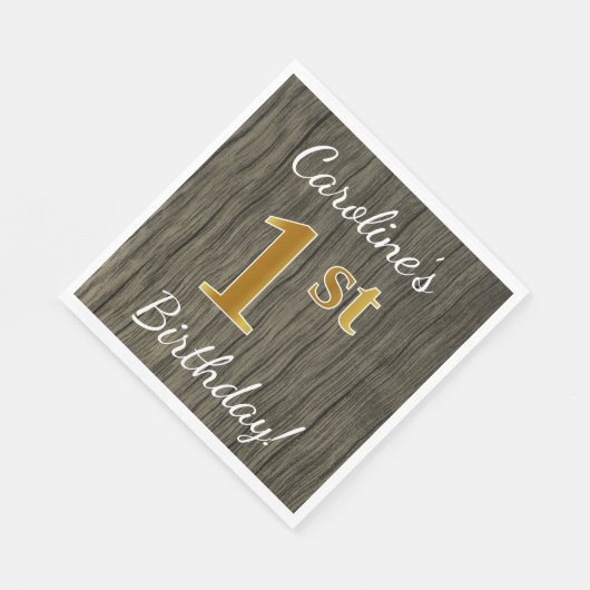 Faux Wood, Faux Gold 1st Birthday + Eigen naam Servet (Hoek)