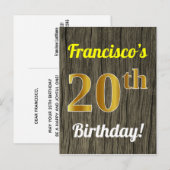 Faux Wood, Faux Gold 20th Birthday & Custom Name Briefkaart (Voorkant / Achterkant)