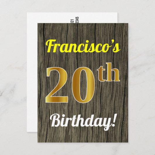 Faux Wood, Faux Gold 20th Birthday & Custom Name Briefkaart (Voorkant / Achterkant)