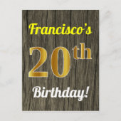 Faux Wood, Faux Gold 20th Birthday & Custom Name Briefkaart (Voorkant)