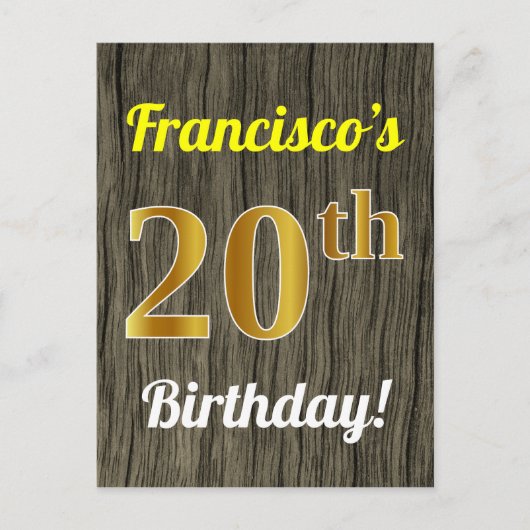 Faux Wood, Faux Gold 20th Birthday & Custom Name Briefkaart (Voorkant)