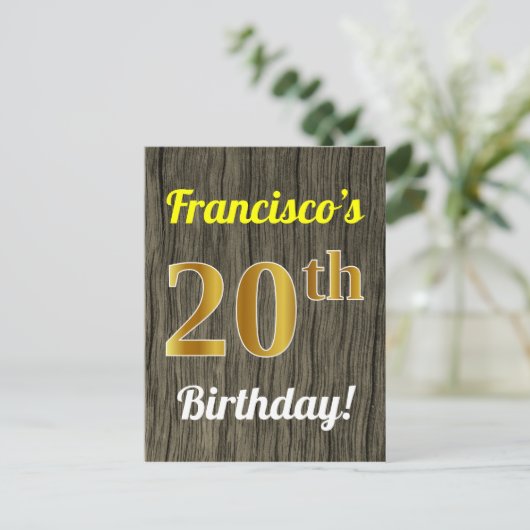 Faux Wood, Faux Gold 20th Birthday & Custom Name Briefkaart (Staand voorkant)
