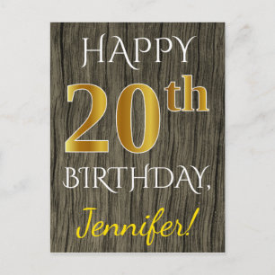 Faux Wood, Faux Gold 20th Birthday + Eigen naam Briefkaart