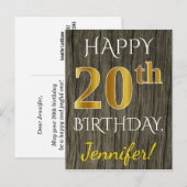 Faux Wood, Faux Gold 20th Birthday + Eigen naam Briefkaart (Voorkant / Achterkant)