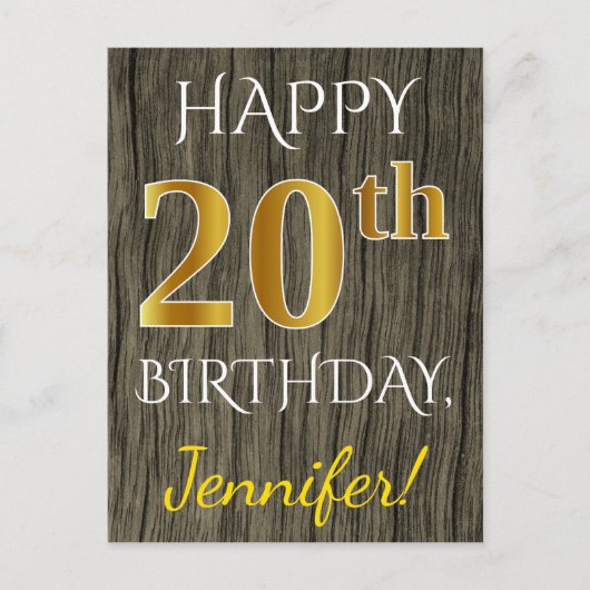 Faux Wood, Faux Gold 20th Birthday + Eigen naam Briefkaart (Voorkant)