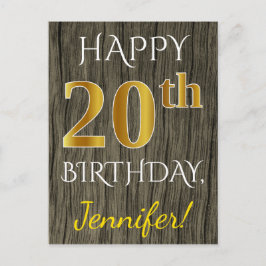 Faux Wood, Faux Gold 20th Birthday + Eigen naam Briefkaart