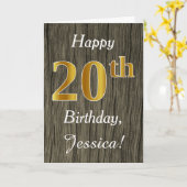 Faux Wood, Faux Gold 20th Birthday + Eigen naam Kaart (Gele Bloem)