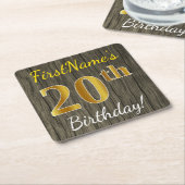 Faux Wood, Faux Gold 20th Birthday + Eigen naam Kartonnen Onderzetters (Schuin)