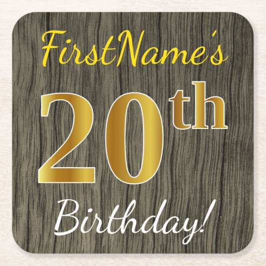Faux Wood, Faux Gold 20th Birthday + Eigen naam Kartonnen Onderzetters (Voorkant)