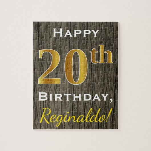 Faux Wood, Faux Gold 20th Birthday + Eigen naam Legpuzzel (Verticaal)