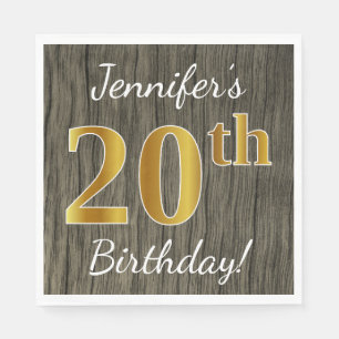 Faux Wood, Faux Gold 20th Birthday + Eigen naam Servetten