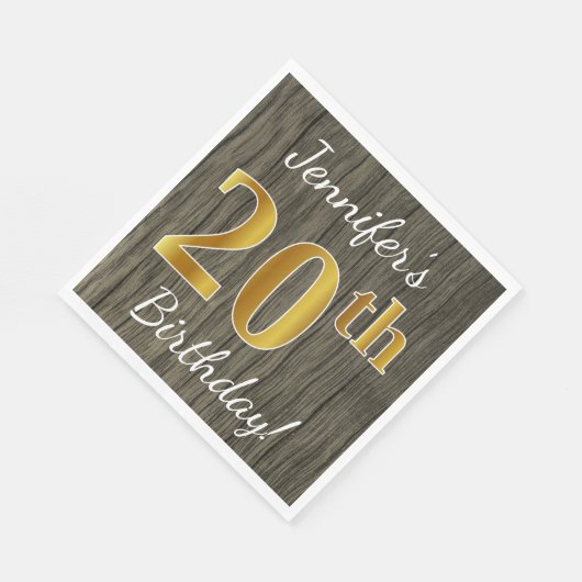 Faux Wood, Faux Gold 20th Birthday + Eigen naam Servetten (Hoek)