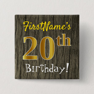 Faux Wood, Faux Gold 20th Birthday + Eigen naam Vierkante Button 5,1 Cm