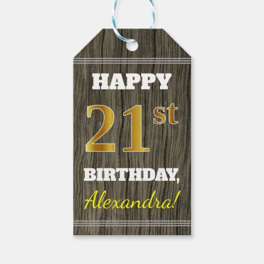 Faux Wood, Faux Gold 21st Birthday + Eigen naam Cadeaulabel (Voorkant)