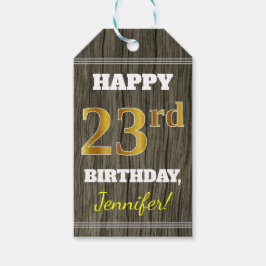 Faux Wood, Faux Gold 23rd Birthday + Eigen naam Cadeaulabel