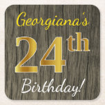 Faux Wood, Faux Gold 24th Birthday   Eigen naam Kartonnen Onderzetters<br><div class="desc">Dit eenvoudige papieren onderzetter is voorzien van een bericht als "Georgiana's 24e verjaardag!", waarbij de "24e" een faux/imitatie goudachtige kleurenweergave heeft op een achtergrond met een bijtend faux-houtvormig uiterlijk. De naam kan worden gepersonaliseerd. Een gepersonaliseerd papieren onderzetter als deze kan misschien op een verjaardagsfeestje worden gebruikt voor iemand die zijn...</div>
