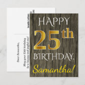 Faux Wood, Faux Gold 25th Birthday + Eigen naam Briefkaart (Voorkant / Achterkant)