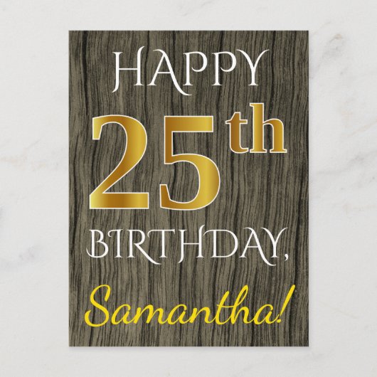Faux Wood, Faux Gold 25th Birthday + Eigen naam Briefkaart (Voorkant)