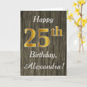 Faux Wood, Faux Gold 25th Birthday + Eigen naam Kaart (Gele Bloem)