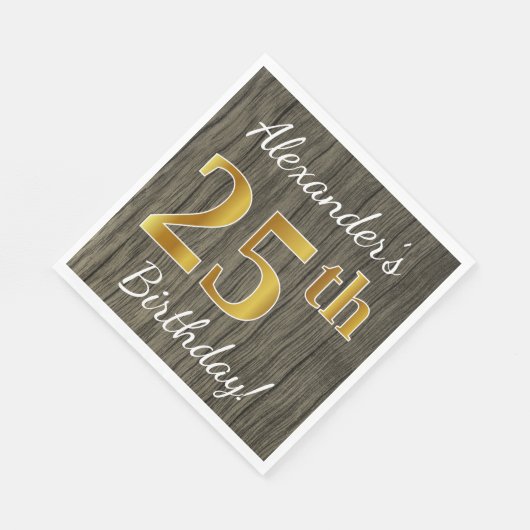 Faux Wood, Faux Gold 25th Birthday + Eigen naam Servetten (Hoek)