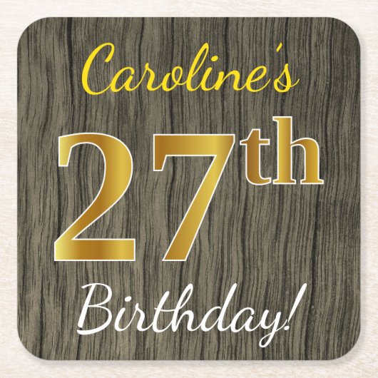 Faux Wood, Faux Gold 27th Birthday + Eigen naam Kartonnen Onderzetters (Voorkant)