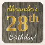 Faux Wood, Faux Gold 28th Birthday   Eigen naam Kartonnen Onderzetters<br><div class="desc">Dit eenvoudige papieren onderzetter ontwerp heeft een boodschap als "Alexander's 28th Birthday!", met de "28th" met een faux / imitatie goud-achtige kleur uiterlijk, op een achtergrond met een rustieke faux hout look patroon. De naam kan worden aangepast. Gepersonaliseerde papieren onderzetters zoals deze kunnen misschien gebruikt worden op een verjaardagsfeestje voor...</div>