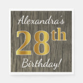 Faux Wood, Faux Gold 28th Birthday + Eigen naam Servet (Voorkant)