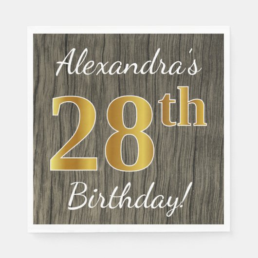 Faux Wood, Faux Gold 28th Birthday + Eigen naam Servet (Voorkant)