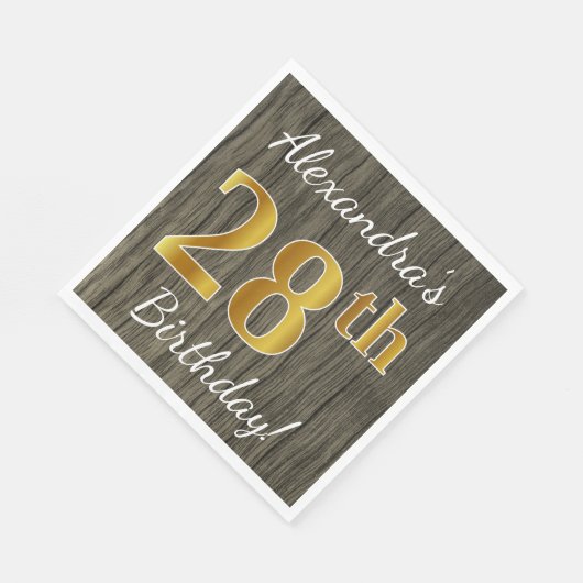 Faux Wood, Faux Gold 28th Birthday + Eigen naam Servet (Hoek)