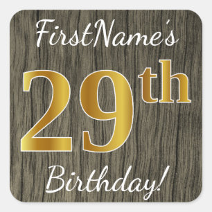 Faux Wood, Faux Gold 29th Birthday + Eigen naam Vierkante Sticker