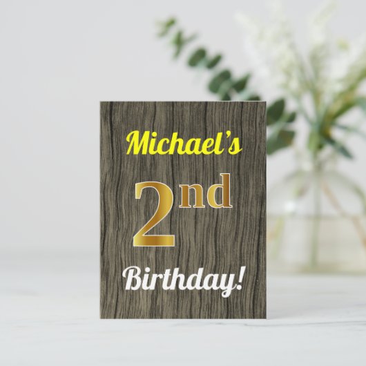 Faux Wood, Faux Gold 2e verjaardag & Eigen naam Briefkaart (Staand voorkant)