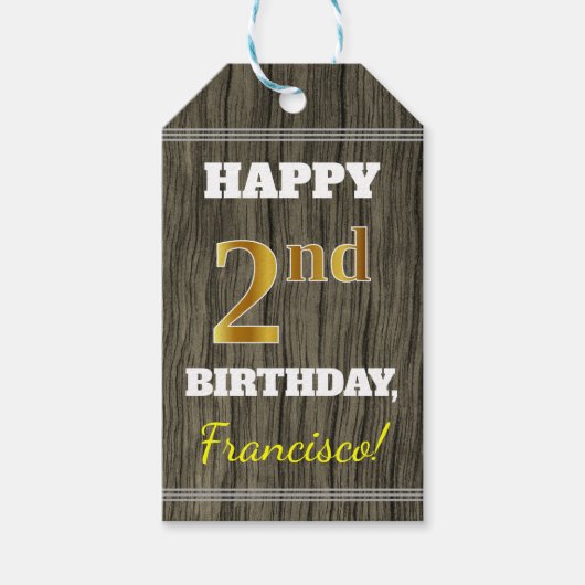 Faux Wood, Faux Gold 2e verjaardag + Eigen naam Cadeaulabel (Voorkant)