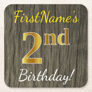 Faux Wood, Faux Gold 2e verjaardag + Eigen naam Kartonnen Onderzetters