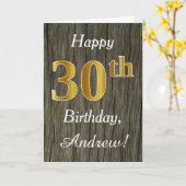 Faux Wood, Faux Gold 30th Birthday + Eigen naam Kaart (Gele Bloem)