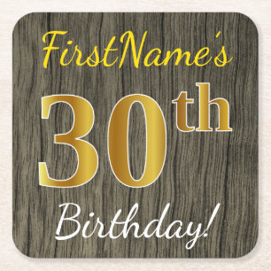 Faux Wood, Faux Gold 30th Birthday + Eigen naam Kartonnen Onderzetters