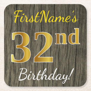 Faux Wood, Faux Gold 32nd Birthday + Eigen naam Kartonnen Onderzetters