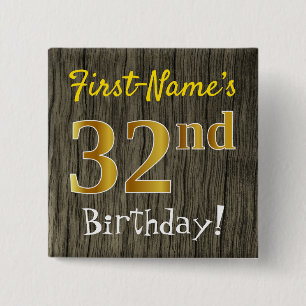 Faux Wood, Faux Gold 32nd Birthday + Eigen naam Vierkante Button 5,1 Cm